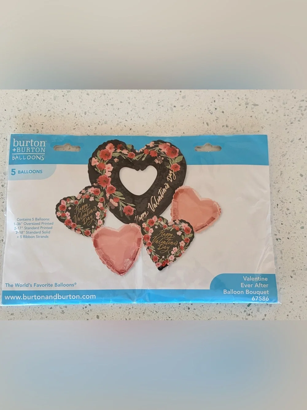 5 pc Valentine's Day Heart Balloon Bouquet - Pink & Black Floral Foil Mylar